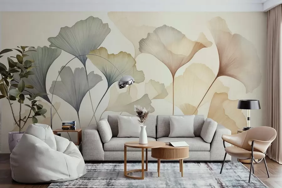 murales de pared Hoja de ginkgo abstracta en tonos pastel apagados, como el azul, el verde y el melocotón; obra de arte con textura w09810