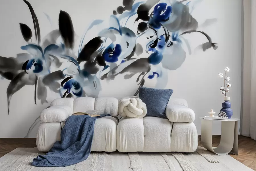 murales de pared Elegantes flores abstractas en estilo acuarela oriental con toques de azul y negro, orquídeas w09797