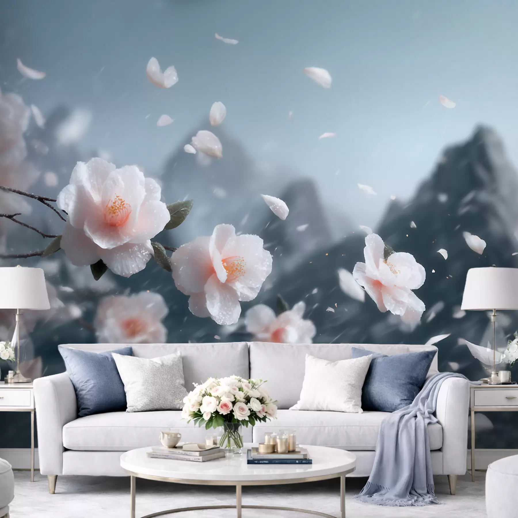 murales de pared Delicadas flores de cerezo con las montañas de fondo; evocador paisaje japonés en tonos pastel w09808
