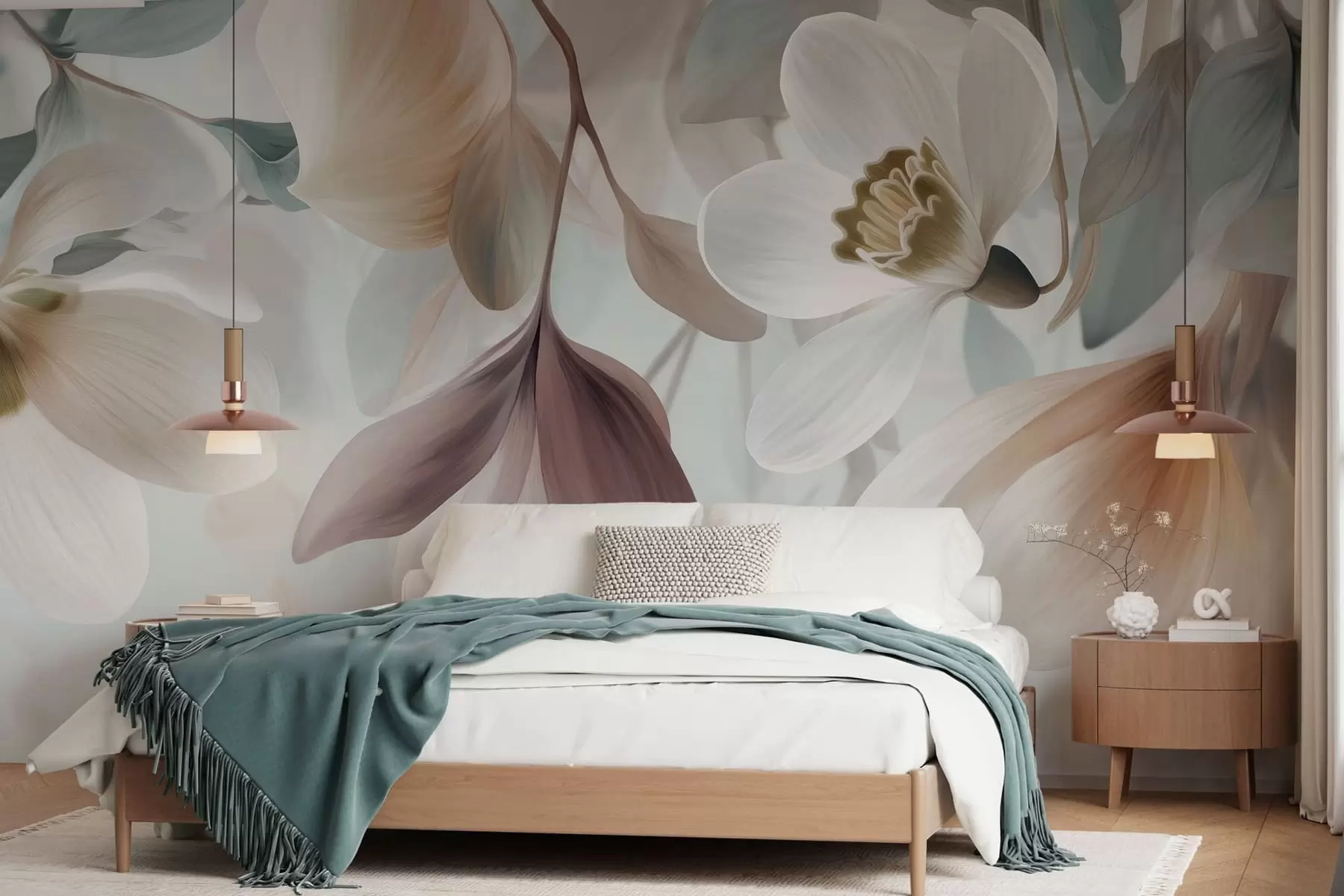 murales de pared una delicada composición de flores y hojas en tonos pastel w05240