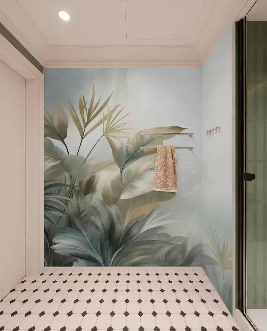 murales de pared Hojas tropicales grandes y con textura en tonos apagados de verde y beige, un ambiente selvático w09820