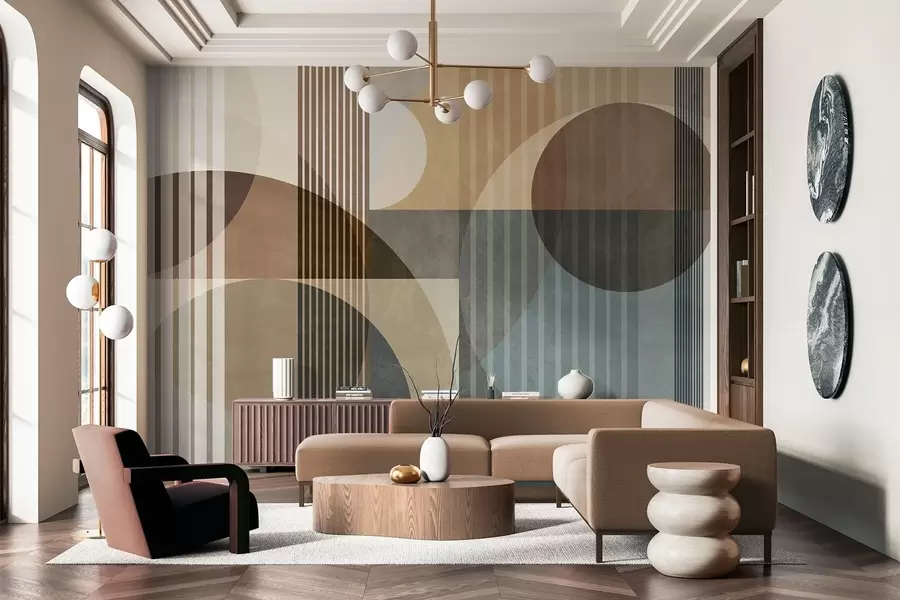murales de pared Formas geométricas abstractas con círculos y líneas, tonos tierra apagados, composición con texturas y capas w09834