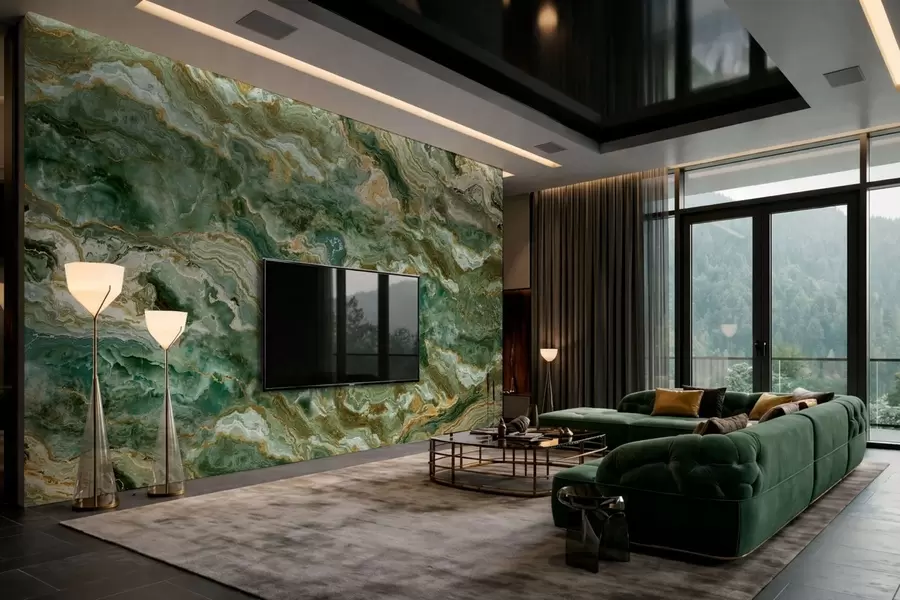 murales de pared Textura de ónix verde con vetas fluidas en capas w05429