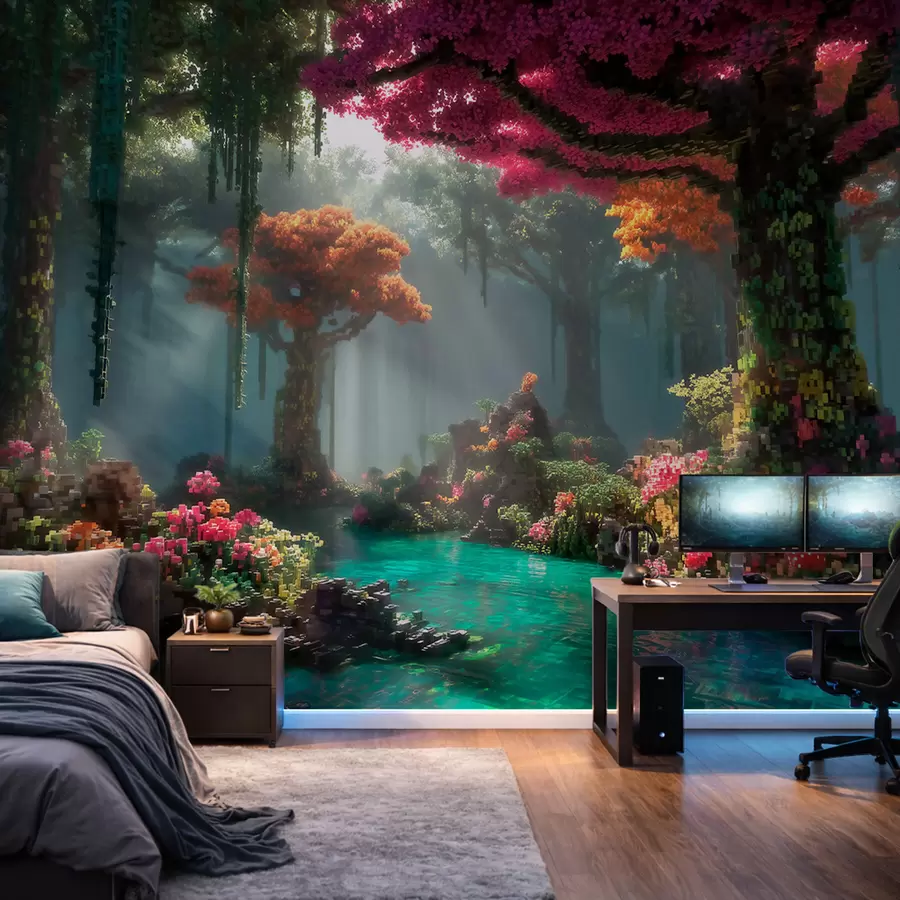 murales de pared Bosquecillo de un bosque encantado en píxeles inspirado en los videojuegos w09683