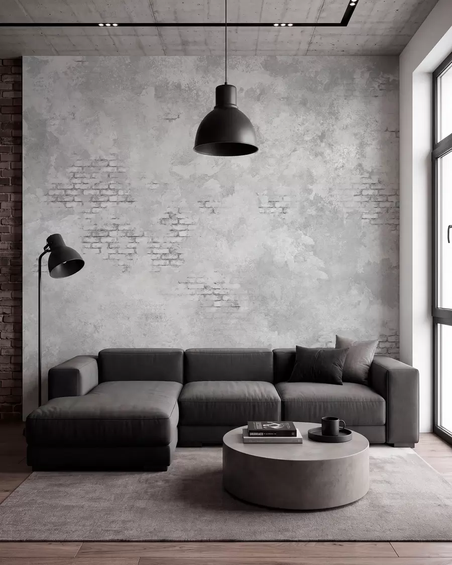 murales de pared Yeso gris de estilo grunge con zonas de ladrillo visto w05161v2