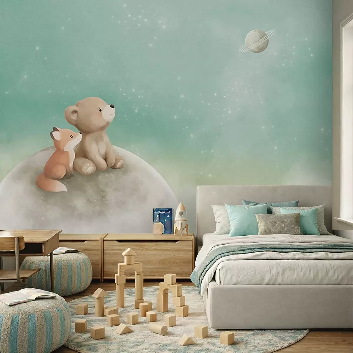 murales de pared Ilustración al pastel de un oso y un zorro bajo un cielo verde w05431v1