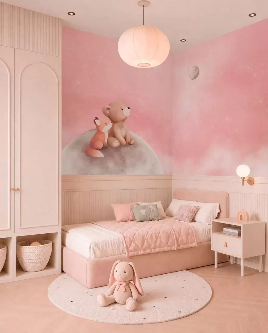 murales de pared Amigos lunares en cielo rosa w05431v2