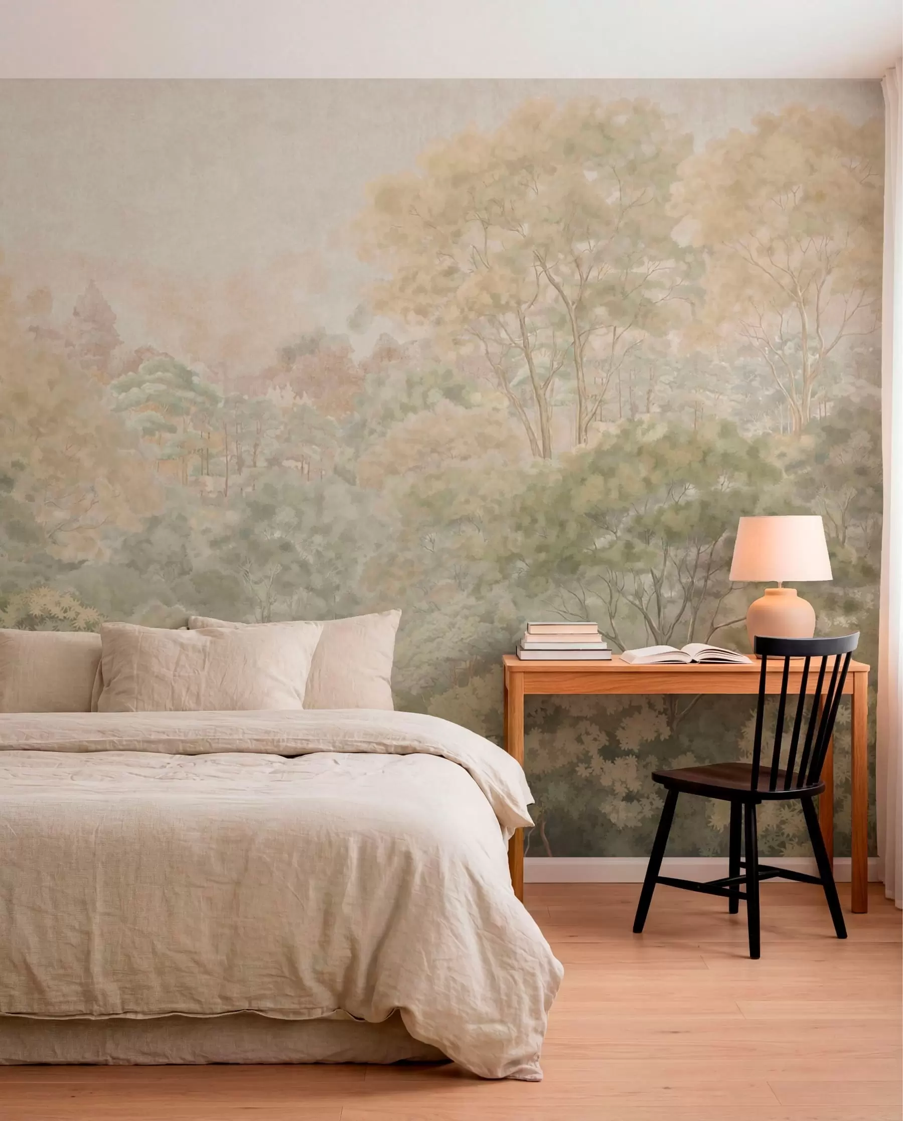 murales de pared Paisaje forestal de estilo vintage en tonos verdes apagados w05433