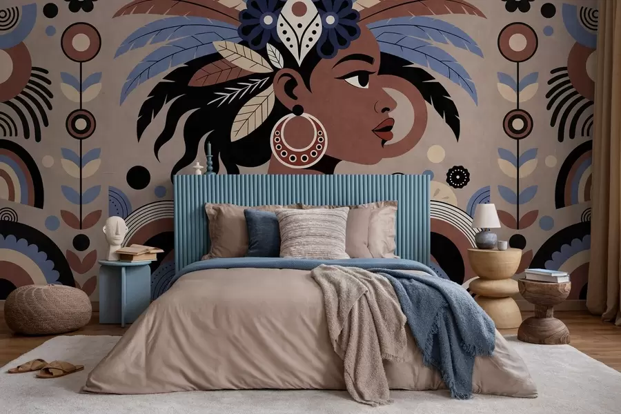 murales de pared un elegante diseño de inspiración africana en tonos azules y marrón chocolate w05389