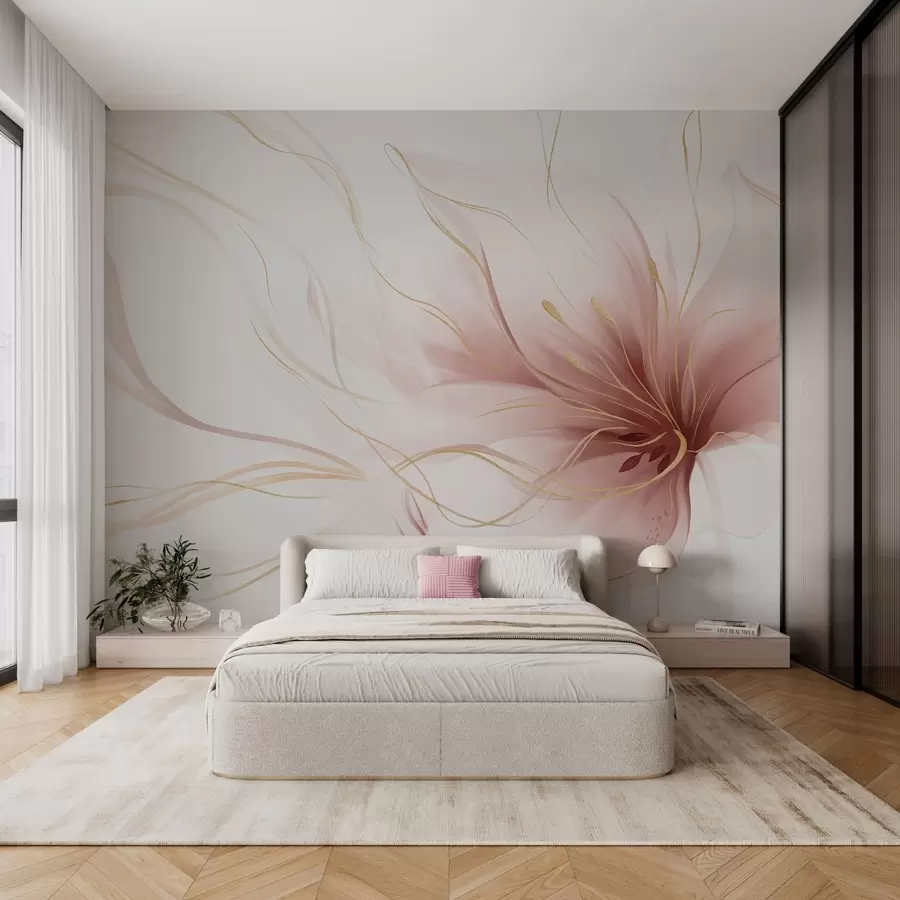 murales de pared Una flor rosa abstracta con líneas fluidas al estilo del arte fluido w05428v1