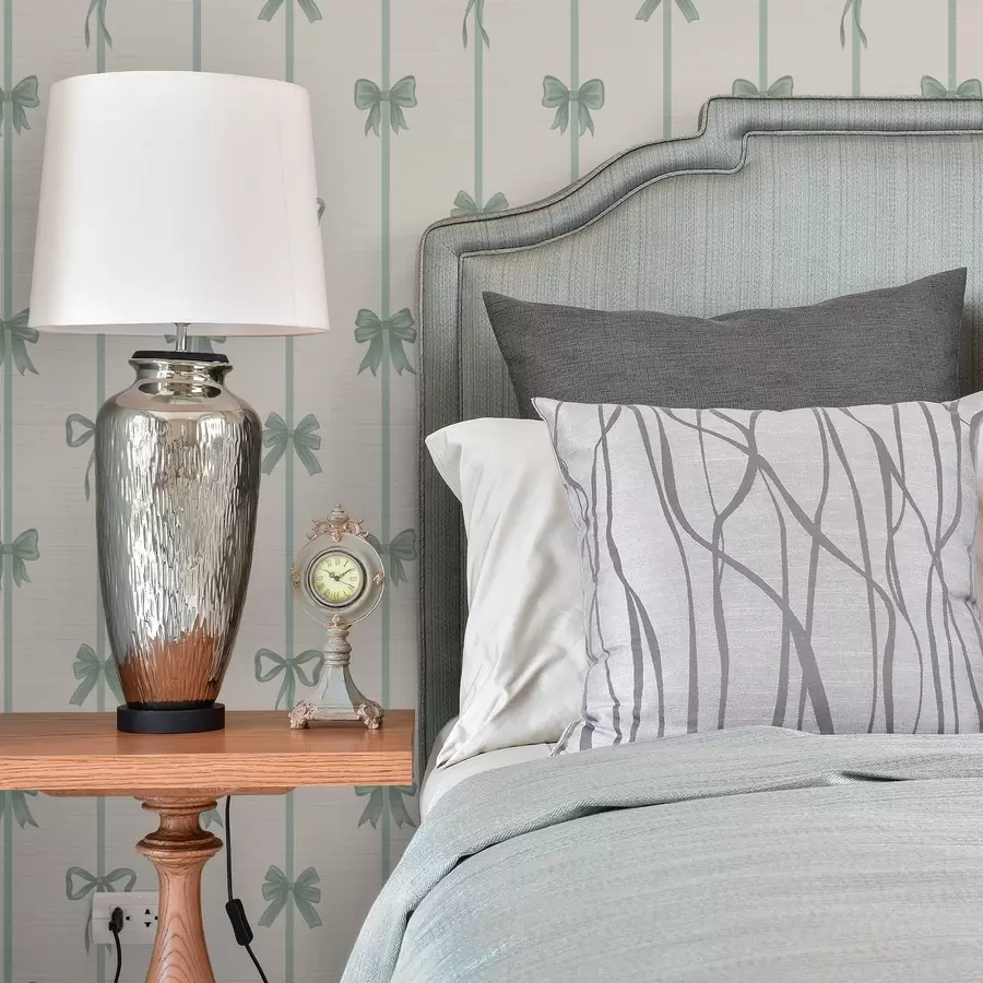 murales de pared Lazos verdes con cintas sobre fondo beige a01074v1