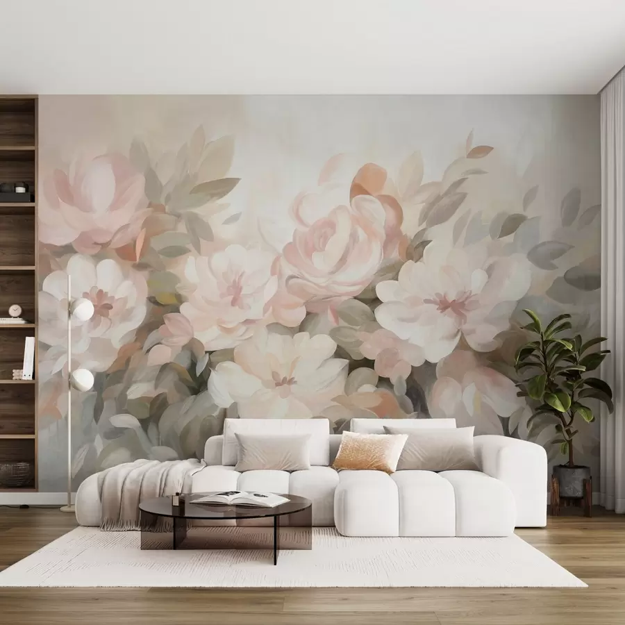 murales de pared Flores de color rosa pálido y blanco con hojas verdes, estilo pictórico, estilo impresionista, arte texturizado w09824