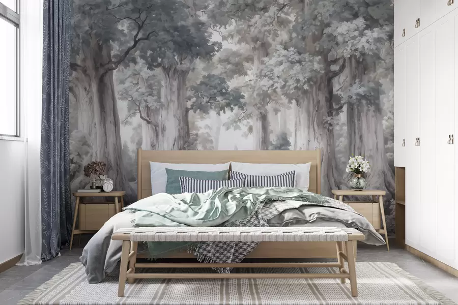 murales de pared Un bosque de cuento de hadas con árboles altos y una paleta de colores suaves y tenues, al estilo de la acuarela w09849