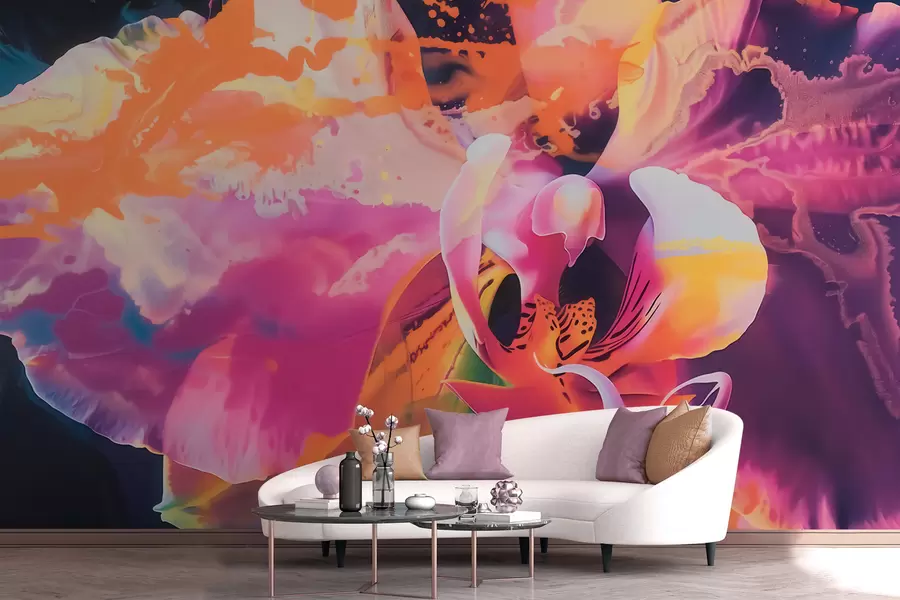 murales de pared Una flor de orquídea abstracta y llena de vida, con colores intensos y formas dinámicas, en estilo acuarela w09855