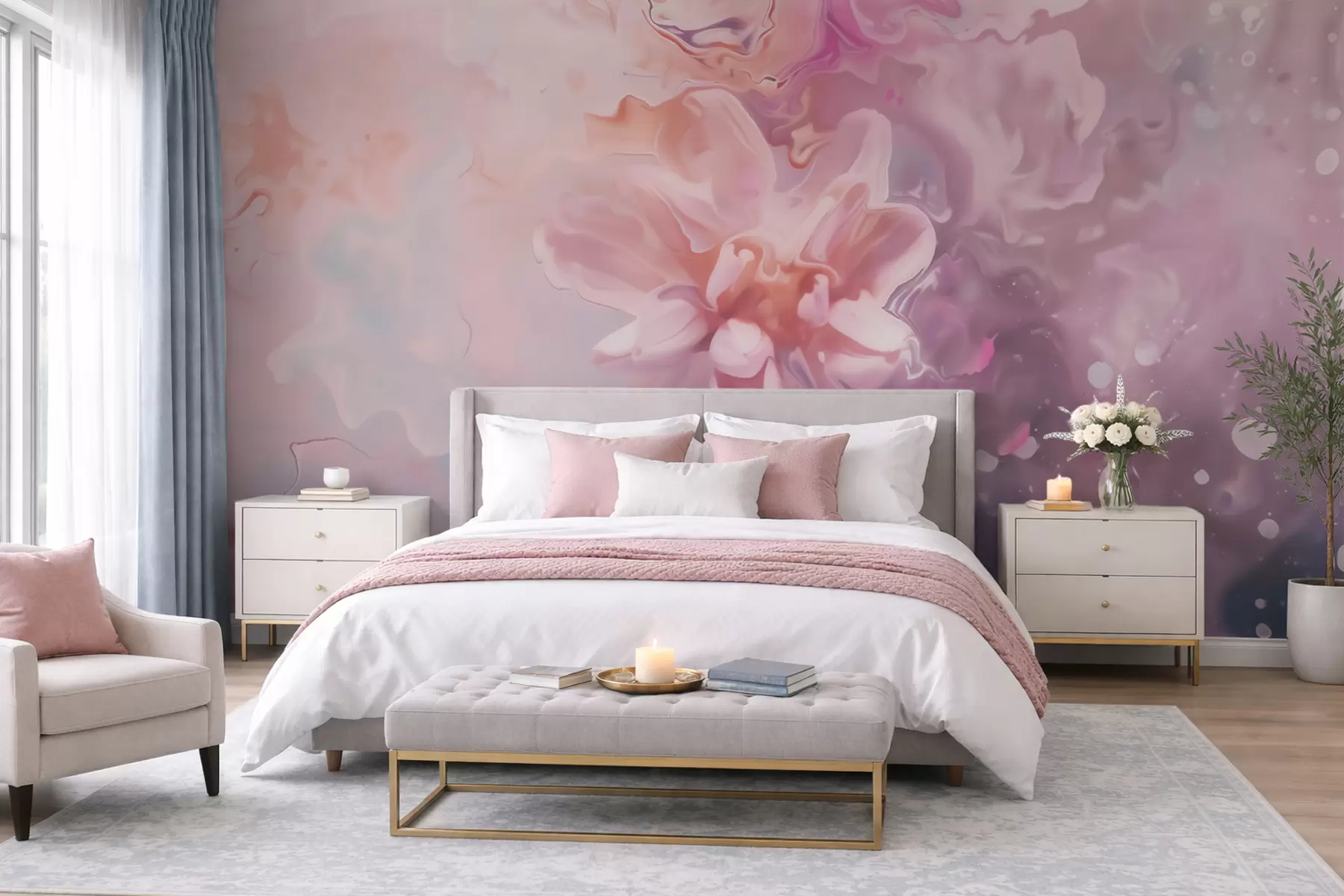 murales de pared Una composición abstracta con una flor y suaves tonos rosados en estilo acuarela w09859