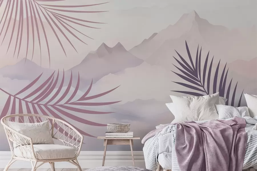 murales de pared Hojas de palmera con las montañas de fondo w05548v1