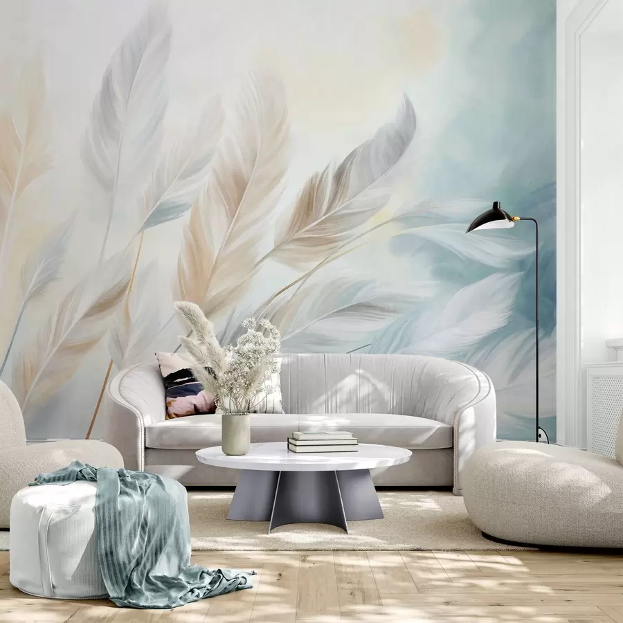 murales de pared Plumas en tonos pastel con textura y bordes suaves y difuminados, sobre un fondo de estilo acuarela w09833