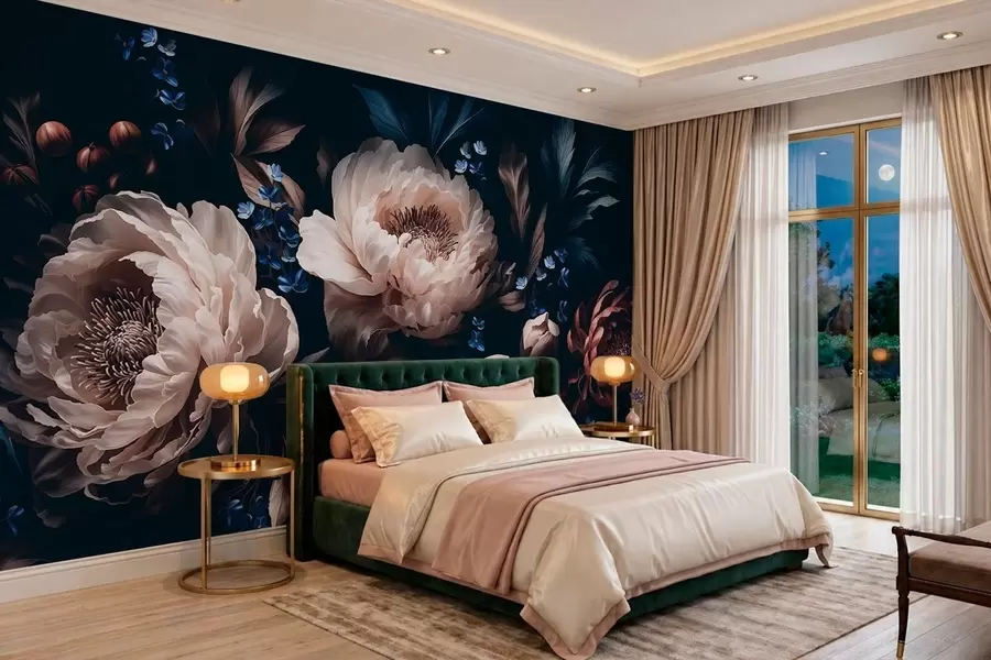 murales de pared Composición floral en tonos oscuros con flores y hojas grandes w05533