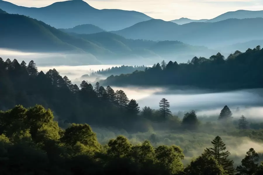 murales de pared Paisaje montañoso con niebla y bosques al amanecer w05573