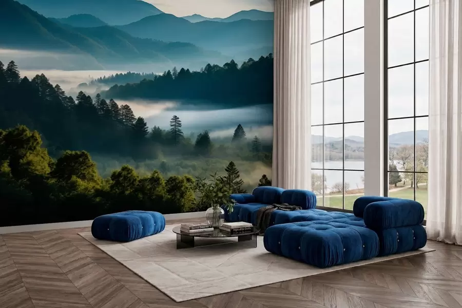murales de pared Paisaje montañoso con niebla y bosques al amanecer w05573