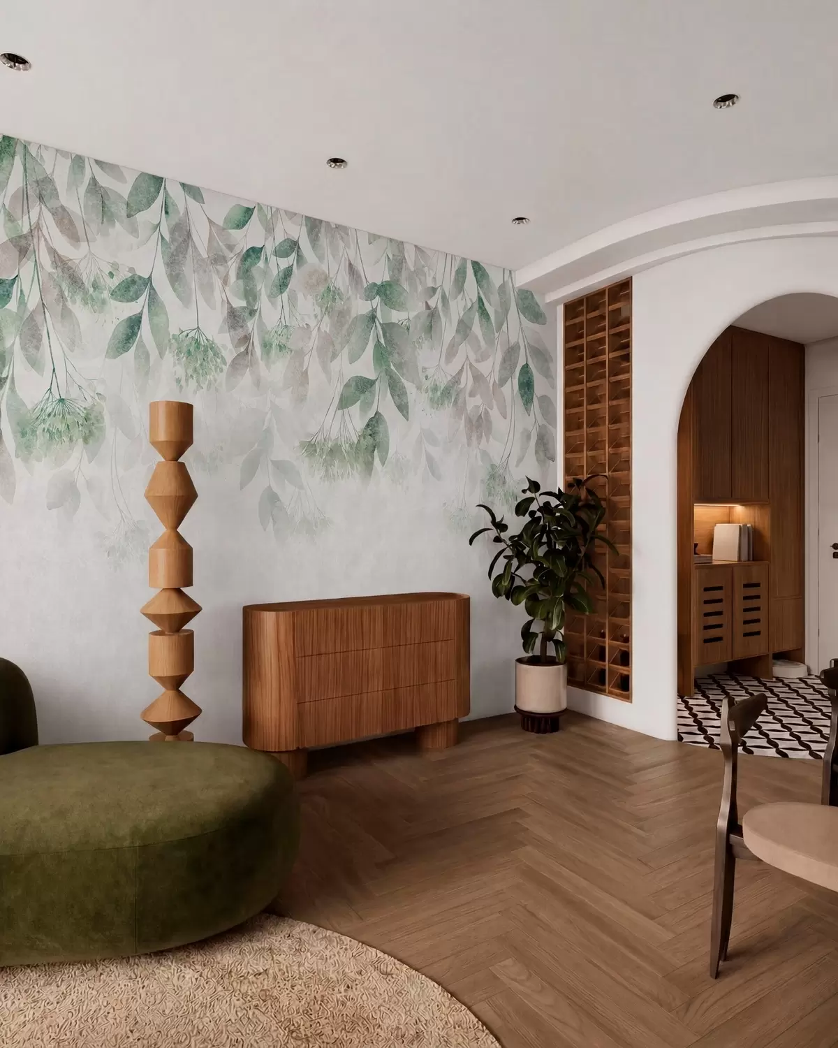 murales de pared hojas con textura y en cascada, con flores en tonos verdes y beige w05565v2