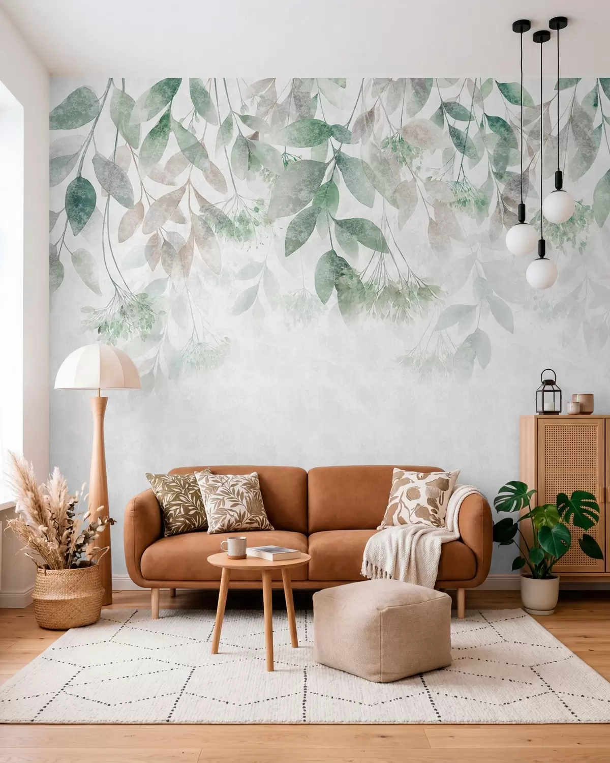 murales de pared hojas con textura y en cascada, con flores en tonos verdes y beige w05565v2