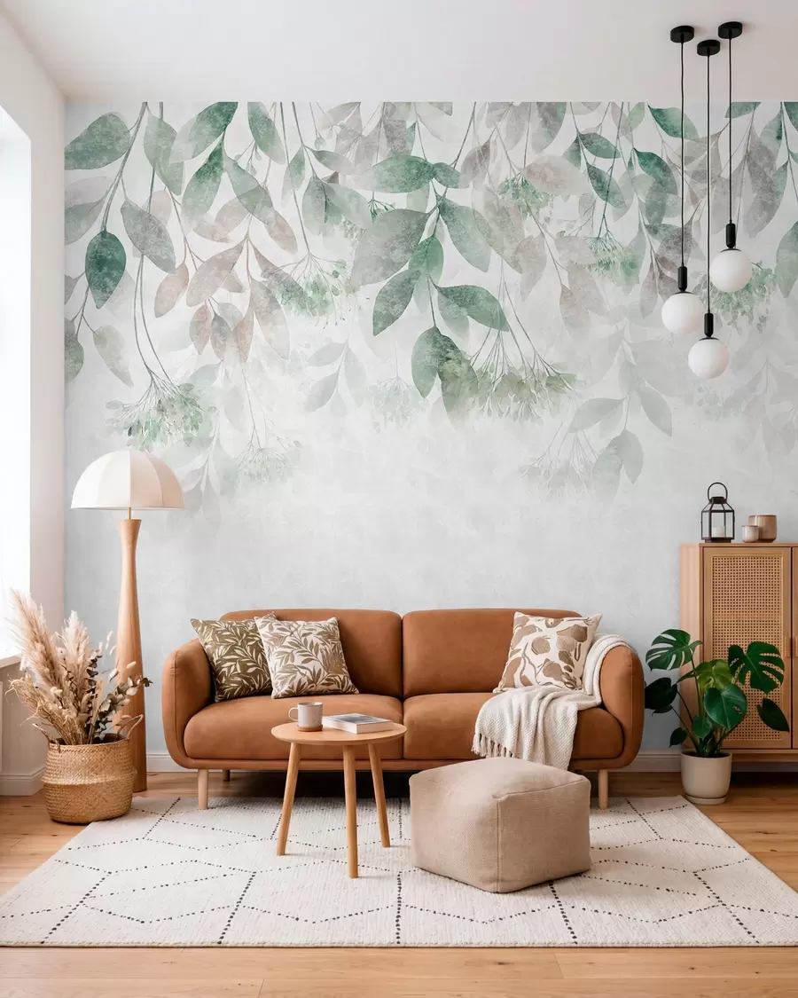 murales de pared hojas con textura y en cascada, con flores en tonos verdes y beige w05565v2