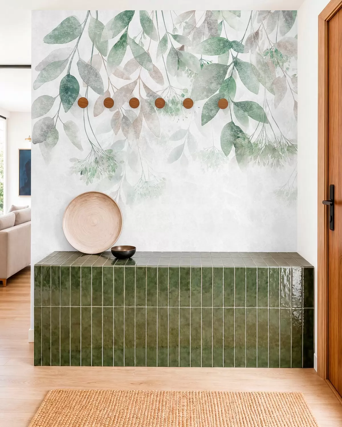 murales de pared hojas con textura y en cascada, con flores en tonos verdes y beige w05565v2