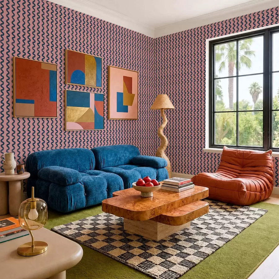 murales de pared Diseño ondulado en azul oscuro sobre fondo rosa a01187
