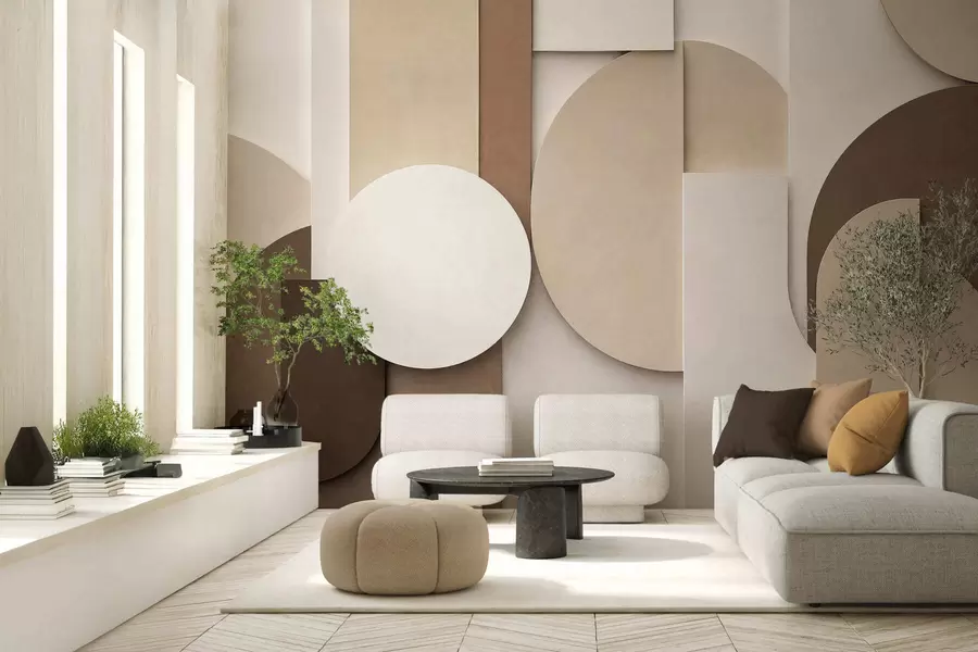murales de pared Formas geométricas en beige con textura en una composición tridimensional en capas; obra de arte minimalista y moderna para la pared w05598