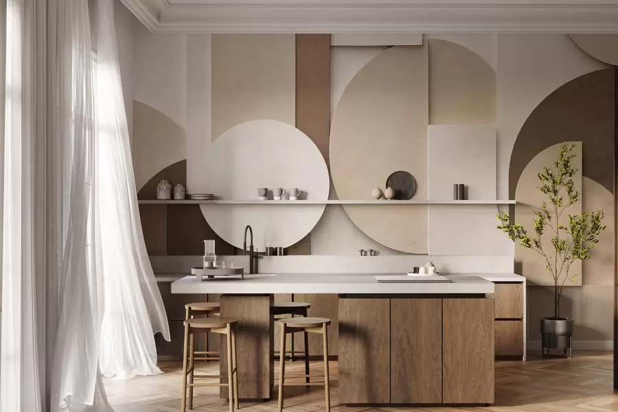 murales de pared Formas geométricas en beige con textura en una composición tridimensional en capas; obra de arte minimalista y moderna para la pared w05598