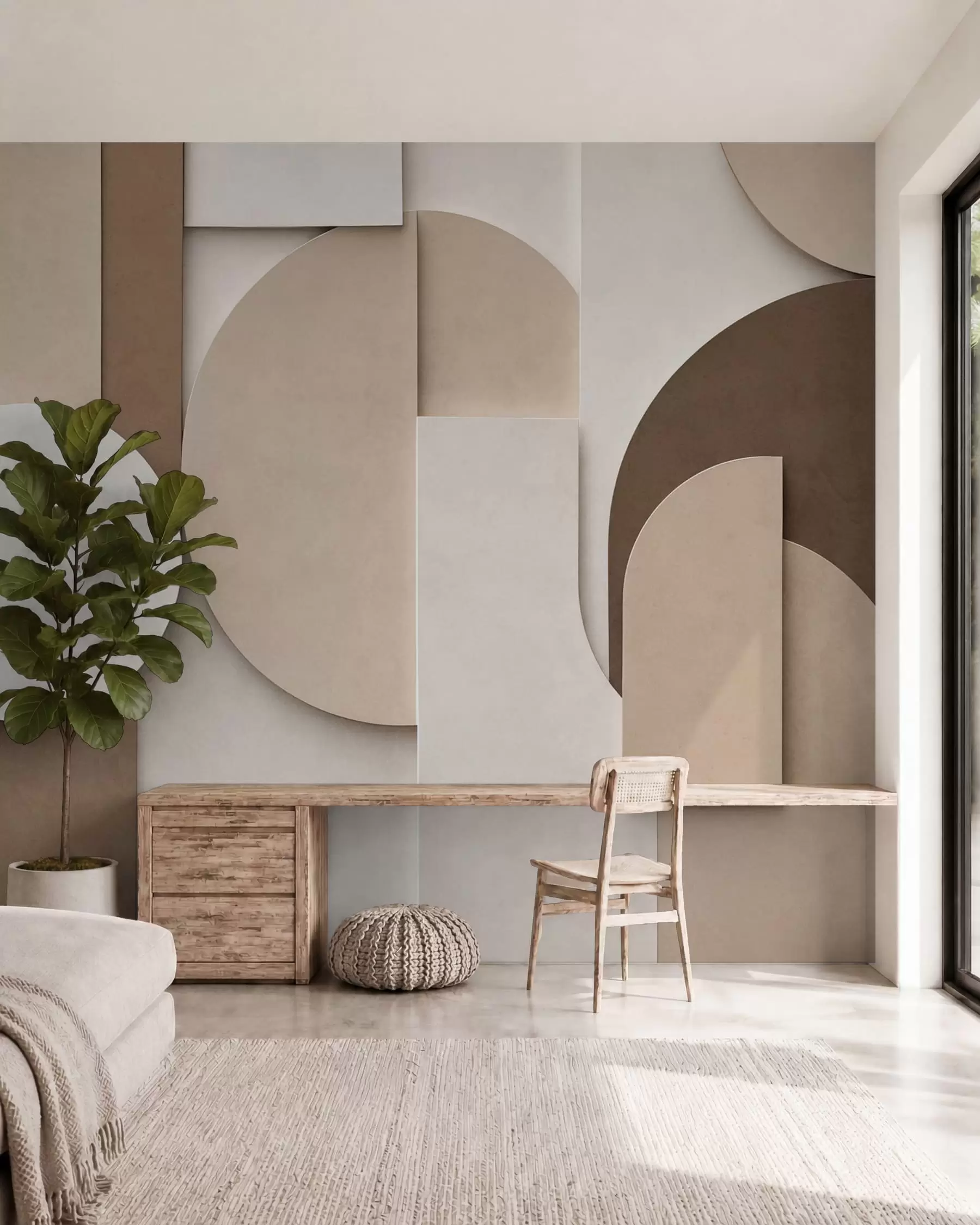murales de pared Formas geométricas en beige con textura en una composición tridimensional en capas; obra de arte minimalista y moderna para la pared w05598