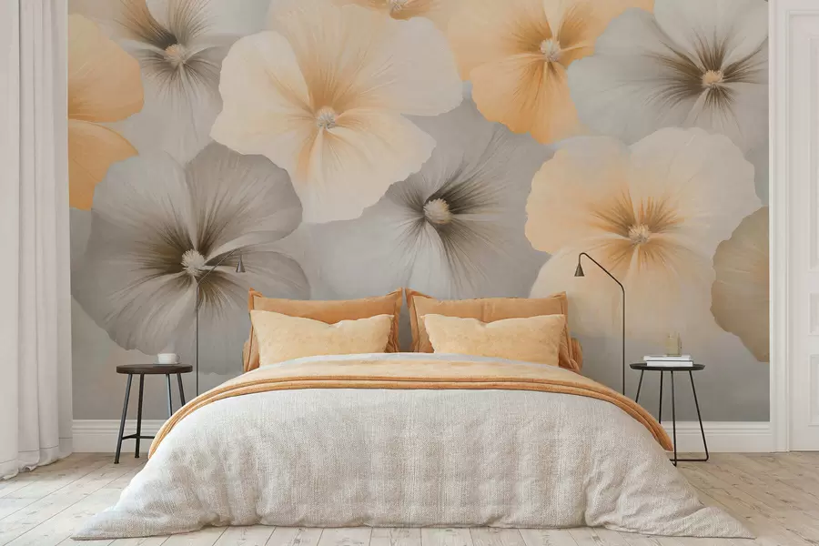 murales de pared Flores en tonos pastel suaves, con matices de amarillo cremoso y gris, sobre un fondo delicado w05600