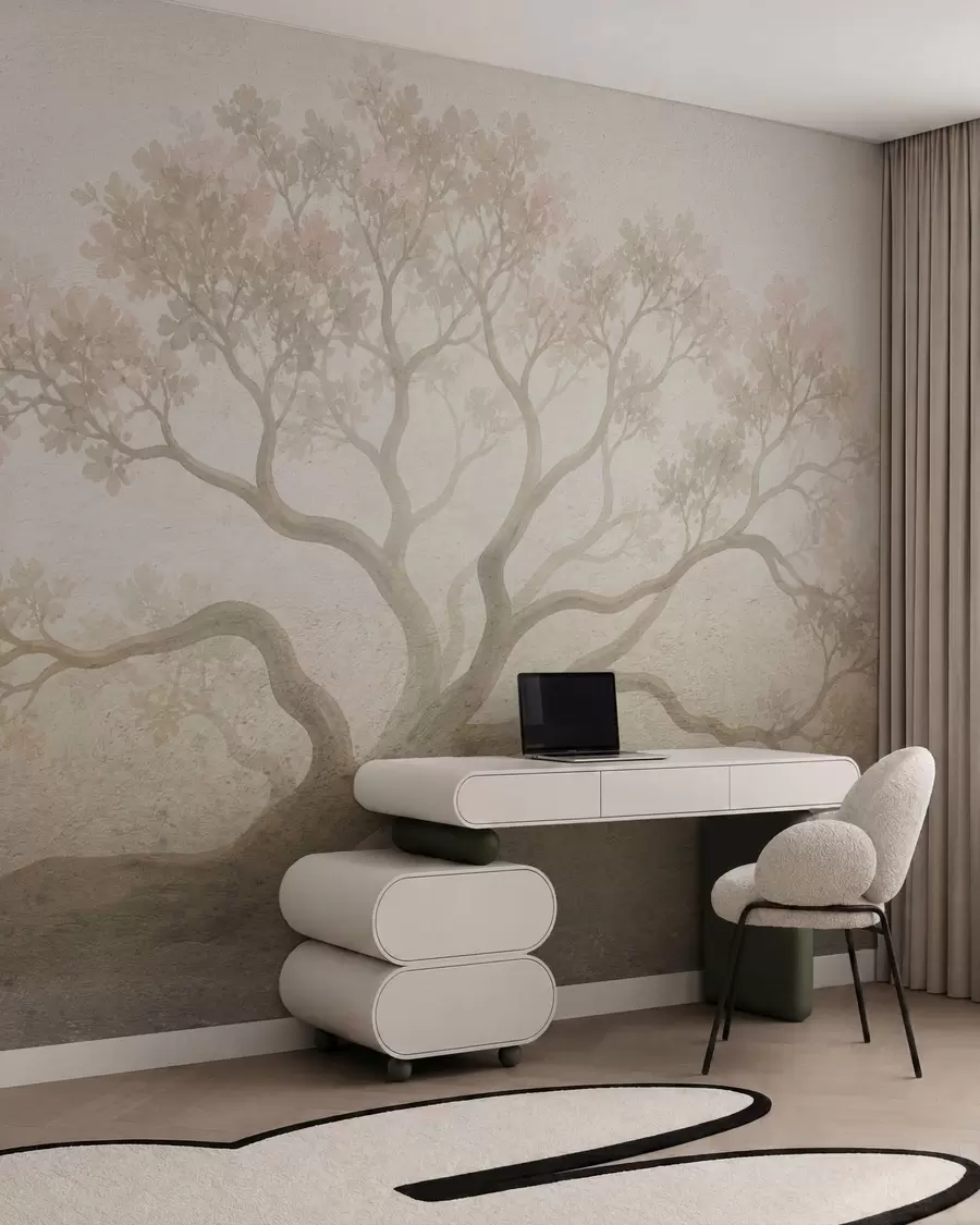 murales de pared Paisaje minimalista de un árbol envuelto en niebla en suaves tonos beige; arte atmosférico y evocador w05602