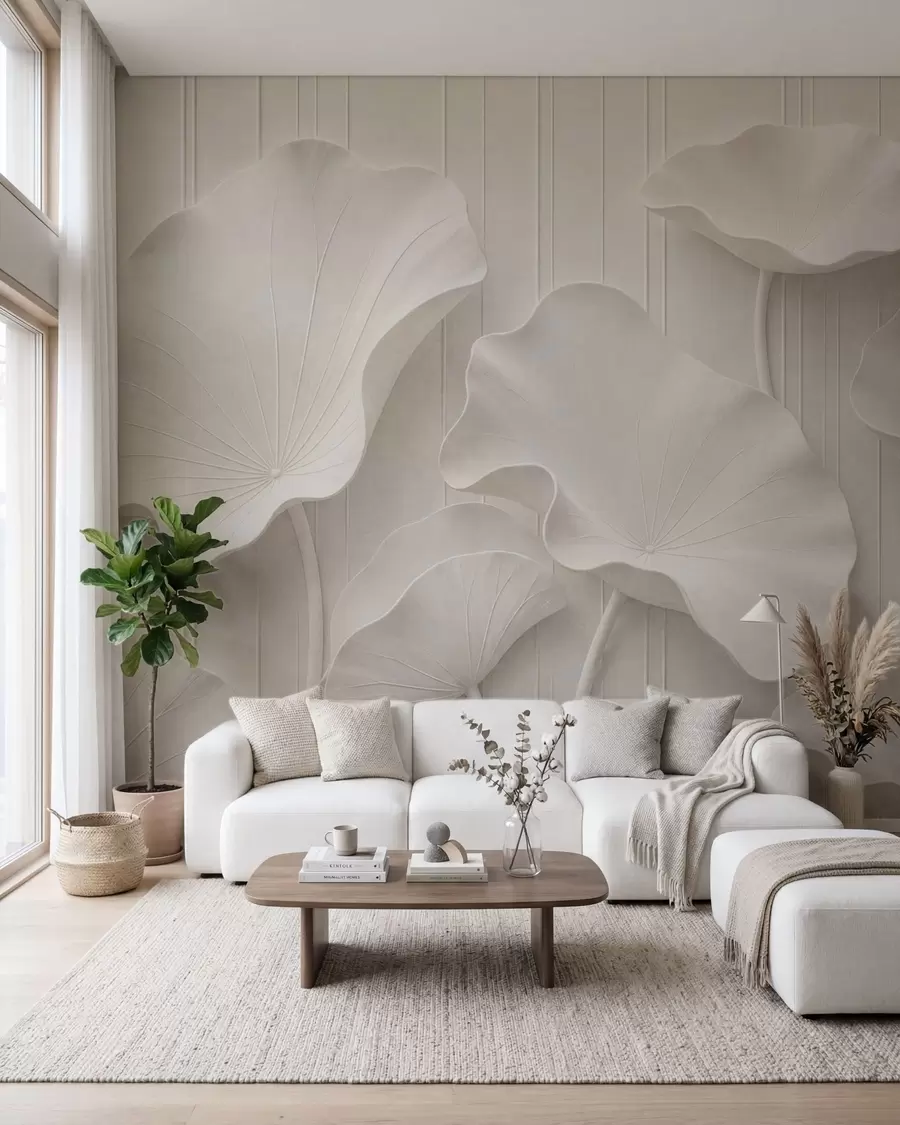 murales de pared Relieve floral escultural en blanco con pétalos superpuestos, un elegante adorno de pared en 3D w05604