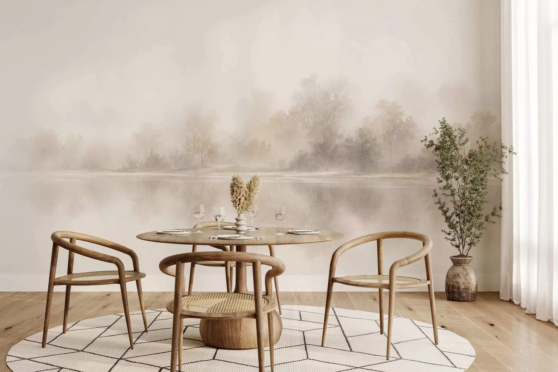murales de pared Paisaje brumoso minimalista con delicados reflejos en tonos neutros cálidos w05606
