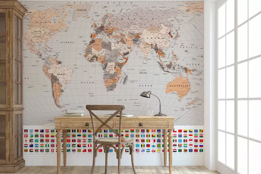 murales de pared Un mapa político del mundo con banderas en tonos marrones y beige, en inglés c00004env2