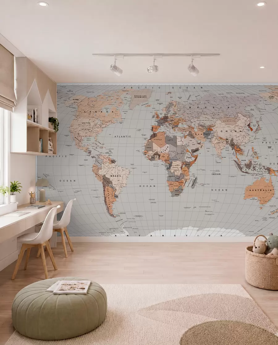 murales de pared Un mapa político del mundo con banderas en tonos marrones y beige, en inglés c00004env2