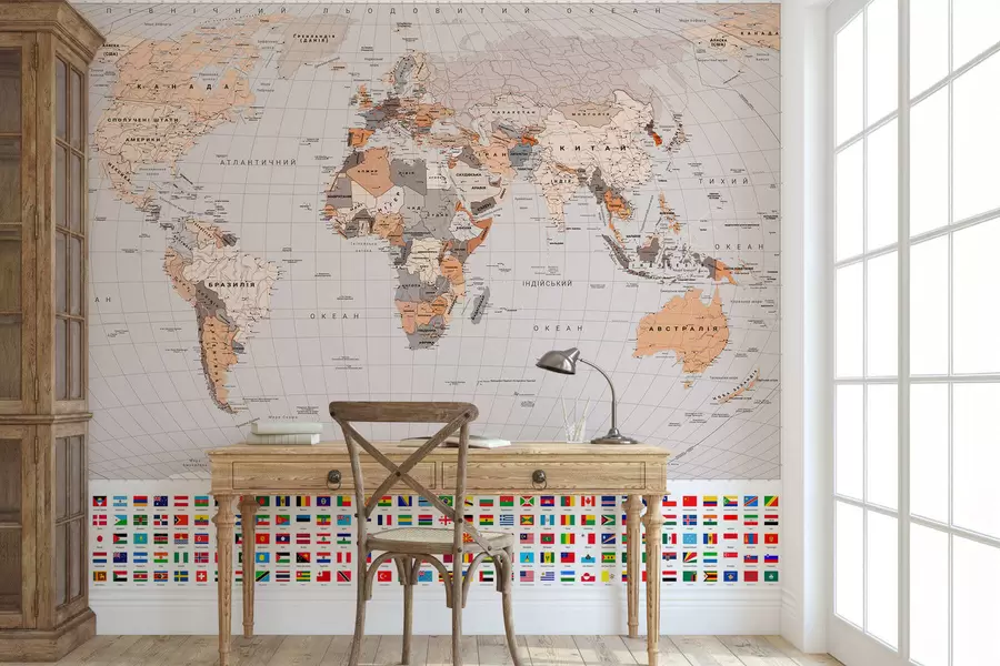 murales de pared Un mapa político del mundo con banderas en tonos marrones y beige, en ucraniano c00004ukv2