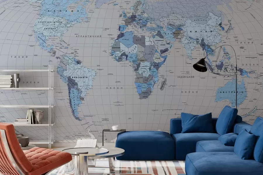 murales de pared Un mapa político del mundo con banderas en tonos azules, en ucraniano c00004ukv3