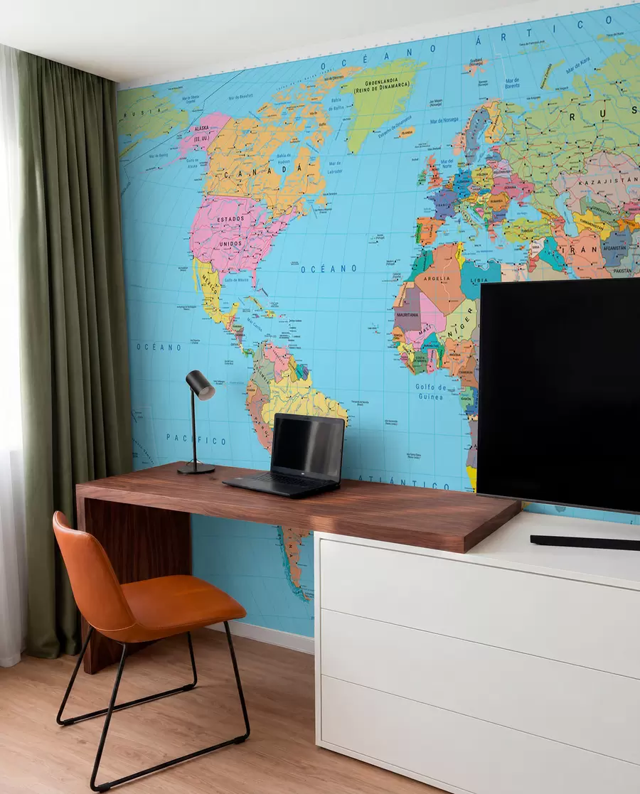 murales de pared Un mapa político del mundo en color verde oliva con banderas, en francés c00004fr