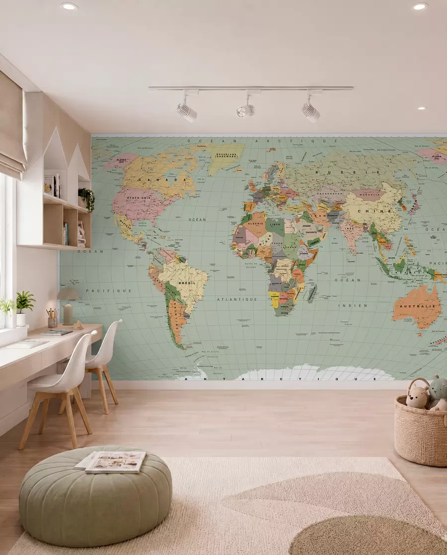 murales de pared Un mapa político del mundo a color con banderas, en francés c00004frv1