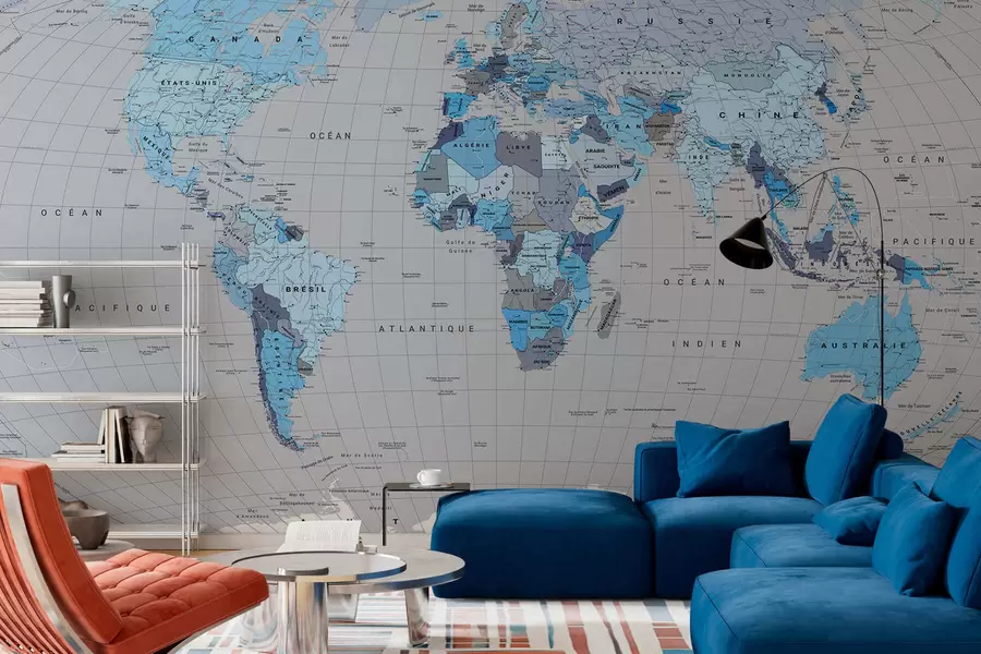 murales de pared Un mapa político del mundo con banderas en tonos azules, en francés c00004frv3