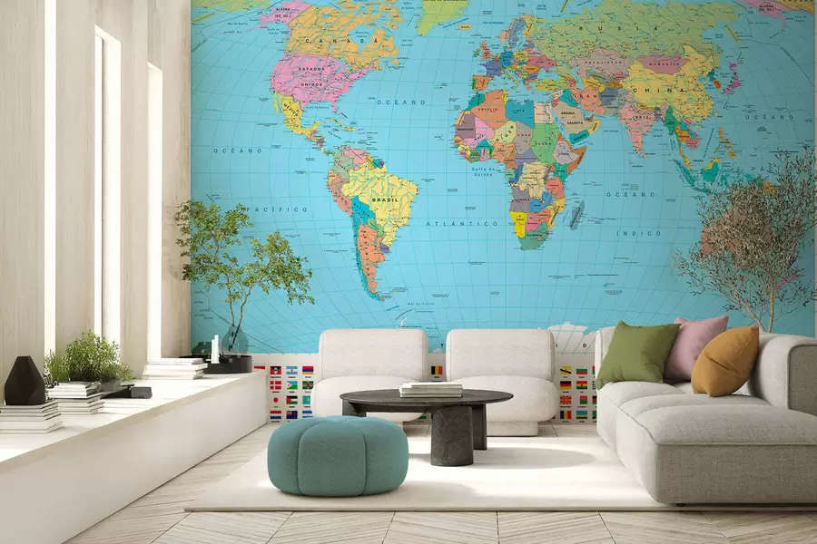 murales de pared Un mapa político del mundo en color verde oliva con banderas en español c00004es