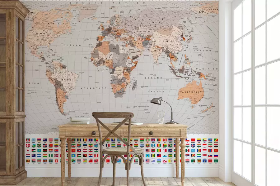 murales de pared Un mapa político del mundo con banderas en tonos marrones y beige (en español) c00004esv2