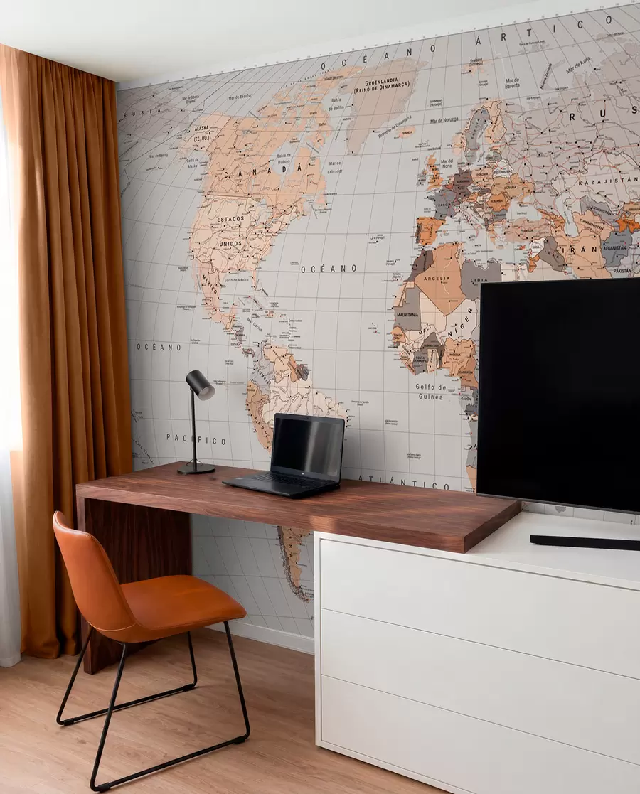 murales de pared Un mapa político del mundo con banderas en tonos marrones y beige (en español) c00004esv2