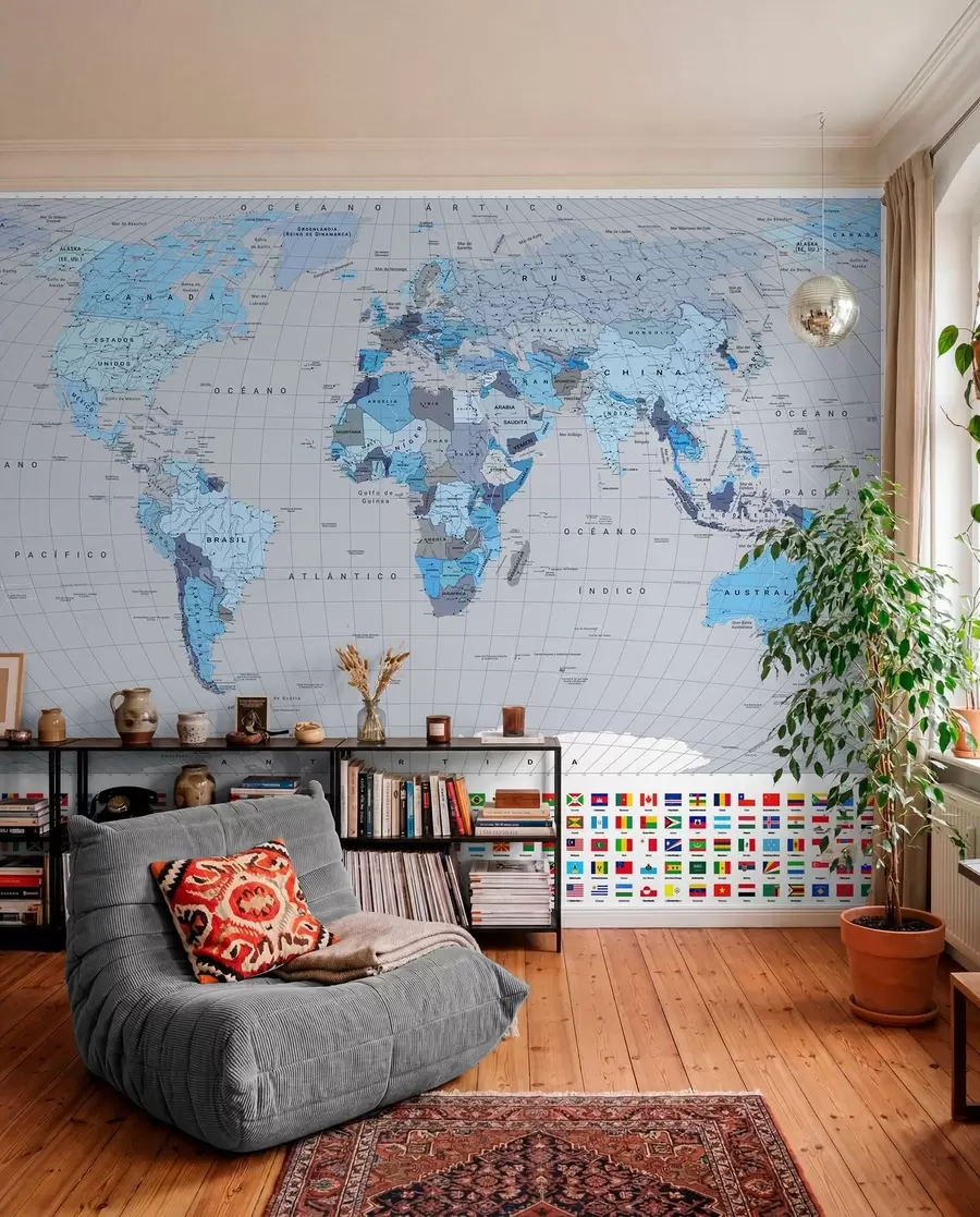 murales de pared Un mapa político del mundo con banderas en tonos azules. en español c00004esv3