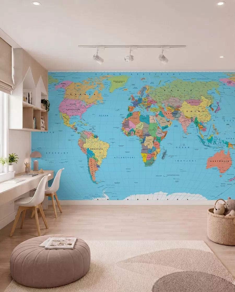 murales de pared Un mapa político del mundo de color oliva con banderas en polaco c00004pl
