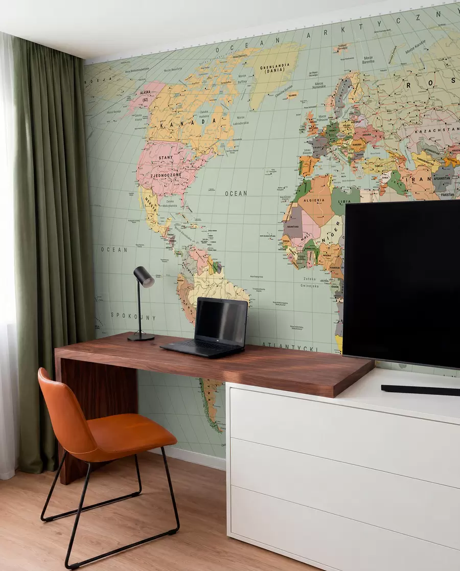 murales de pared Un mapa político del mundo a color con banderas en polaco c00004plv1
