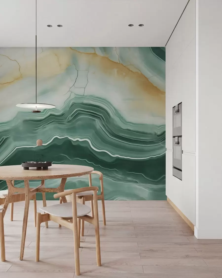 murales de pared Imitación de un patrón abstracto con textura de mármol, en tonos verdes y amarillos w05587